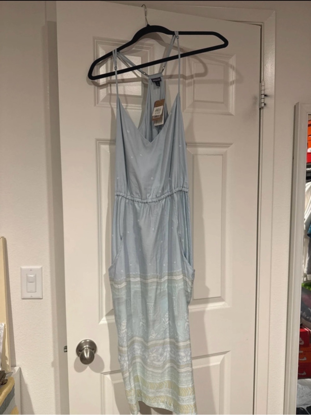 Patagonia Light Blue Spaghetti-Strap Maxi Dress with Subtle Border Print